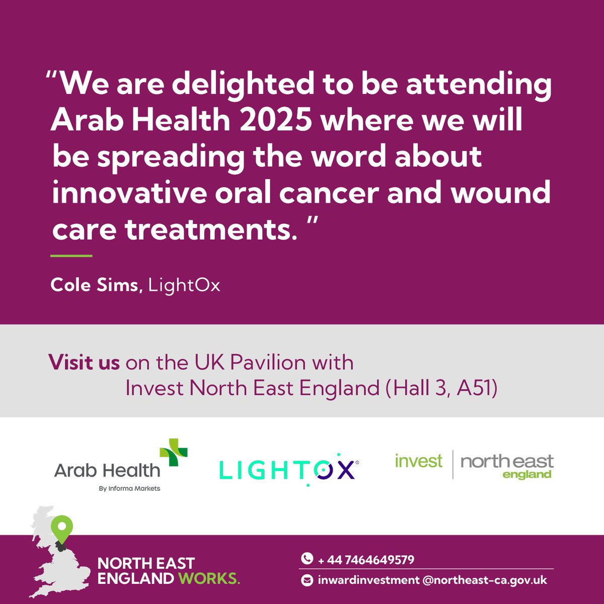 Don’t miss the chance to connect with <a href="/Lightox5/">LightOx</a> at #ArabHealth2025 and learn about the cutting-edge health solutions coming from the North East of England. You’ll find them on our stand (Hall 3 A51). #investnortheast @Arab_Health  investnortheastengland.co.uk/sectors/life-s…