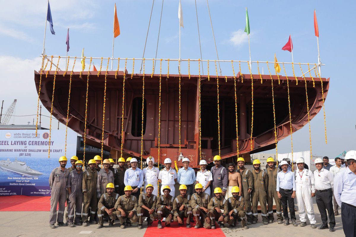 indiannavy's tweet photo. Keel Laying of 7th ship (Machilipatnam) of Anti-Submarine Warfare Shallow Water Craft (ASW SWC) (CSL) project undertaken on #29Jan 25 in presence of RAdm Upal Kundu, Chief of Staff, @IN_HQSNC.
Senior officials of #IndianNavy & @cslcochin were also present.
https://t.co/rS4l6q8LyH