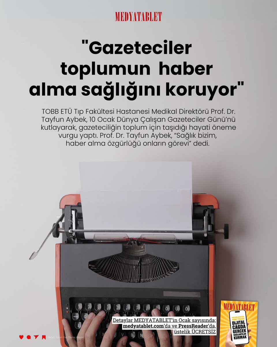 “Gazeteciler toplumun haber alma sağlığını koruyor” 

TOBB ETÜ Tıp Fakültesi Hastanesi Medikal Direktörü Prof. Dr. Tayfun Aybek, “Sağlık bizim, haber alma özgürlüğü onların görevi” dedi. 

📌Detaylar MEDYATABLET’in Ocak sayısında; medyatablet.com’da, üstelik ÜCRETSİZ