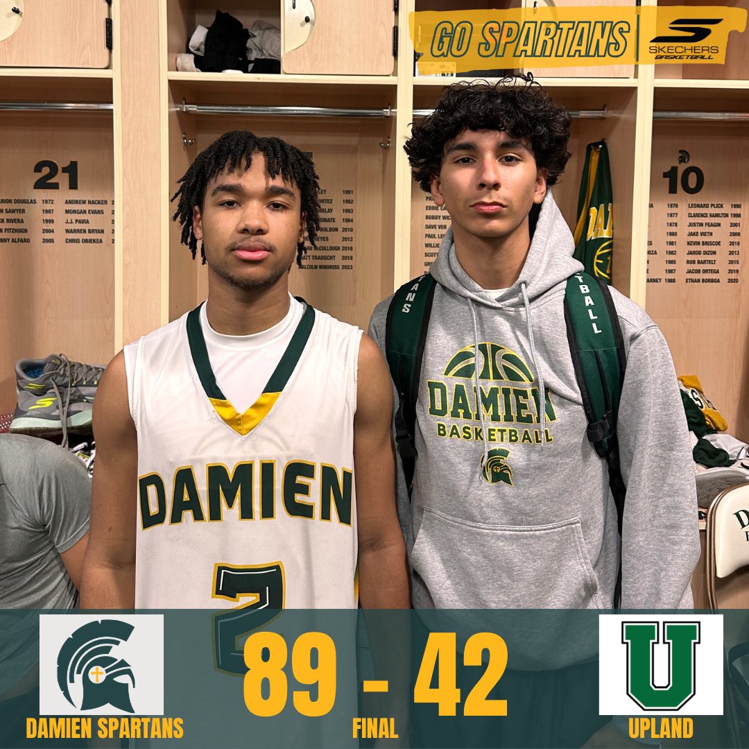 🏆SPARTANS WIN🏆

Damien 89
Upland 42

Leading Scorers:
'26 Elijah Smith 23pts
'26 Eli Garner 17pts
'27 Zaire Rasshan 13pts

The Spartans knock down 14 threes to win &amp; advance to the semifinals of the Baseline League Tournament! Semifinals Friday vs Etiwanda @ 7:30! Go Spartans!