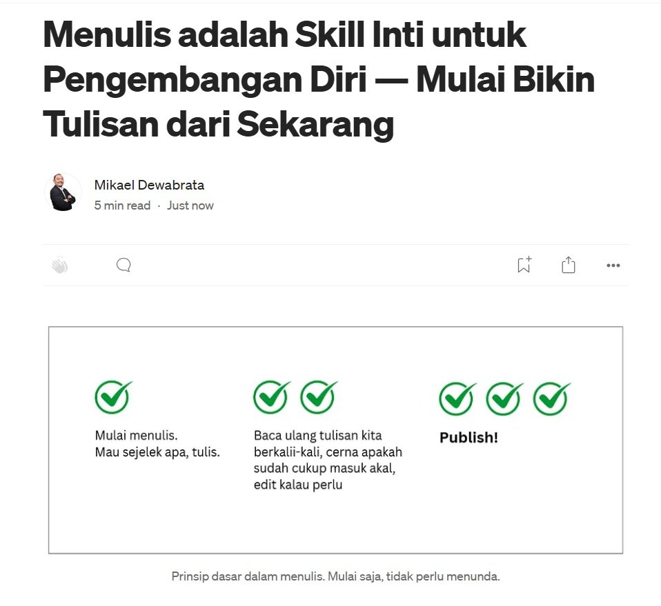 MikaelDewabrata's tweet photo. Pengalaman menulis saya selama ini sudah saya tumpahkan dalam bentuk tulisan. Isinya banyak ngoceh mengenai pentingnya menulis dan sedikit bumbu motivasi agar teman-teman makin yakin untuk lebih sering lagi menulis.

Silahkan dibaca, URL ada di trid ini. Simak dan bookmark!