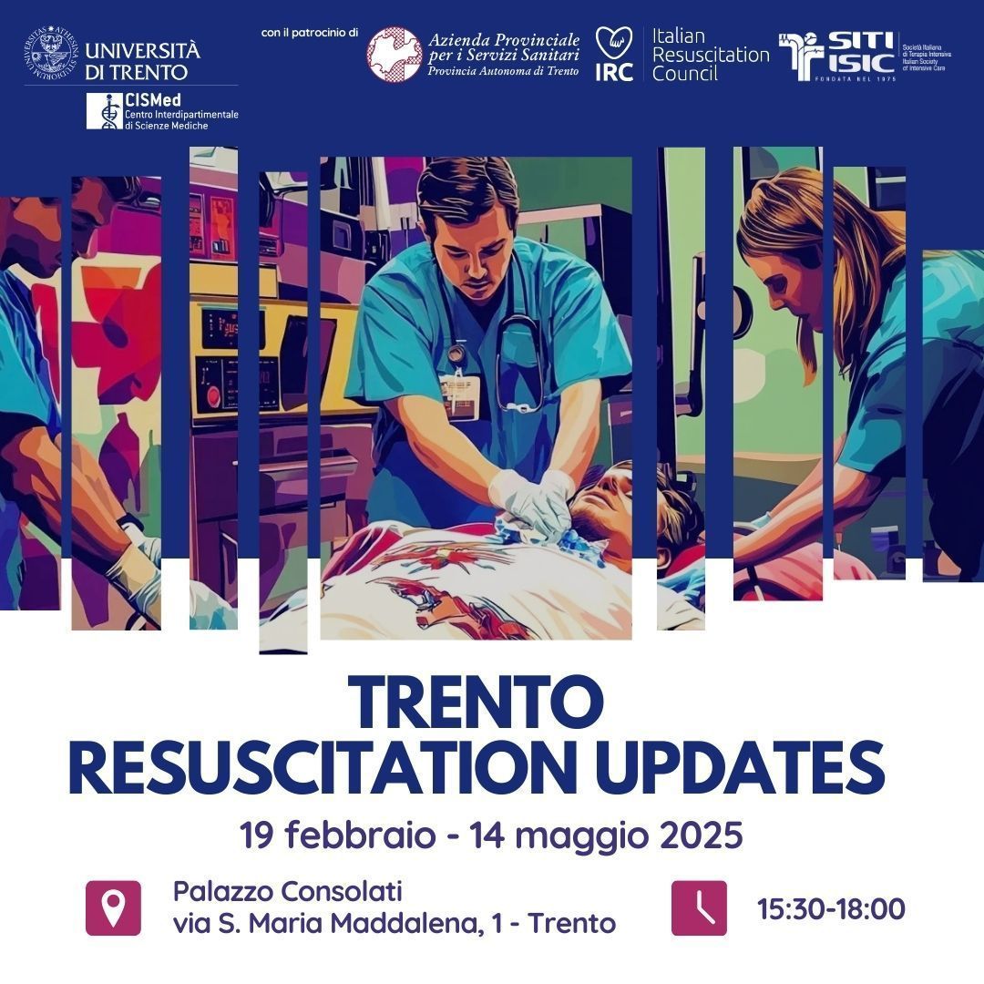 CISMed UniTrento (@unitrentocismed) on Twitter photo 🚑 SAVE THE DATE!
Trento Resuscitation Updates
📅 19 feb – 14 mag 2025
📍 Palazzo Consolati
7 seminari per aggiornarti sulle ultime novità in rianimazione e emergenze sanitarie!
Iscriviti ora! 👉 buff.ly/4gmYIcB
Con il patrocinio di <a href="/ApssTrentino/">Azienda provinciale per i servizi sanitari Trento</a>, <a href="/sitiisic/">Siti-Isic</a>, <a href="/ircouncil/">Italian Resuscitation Council</a> 🚑 SAVE THE DATE!
Trento Resuscitation Updates
📅 19 feb – 14 mag 2025
📍 Palazzo Consolati
7 seminari per aggiornarti sulle ultime novità in rianimazione e emergenze sanitarie!
Iscriviti ora! 👉 buff.ly/4gmYIcB
Con il patrocinio di <a href="/ApssTrentino/">Azienda provinciale per i servizi sanitari Trento</a>, <a href="/sitiisic/">Siti-Isic</a>, <a href="/ircouncil/">Italian Resuscitation Council</a>