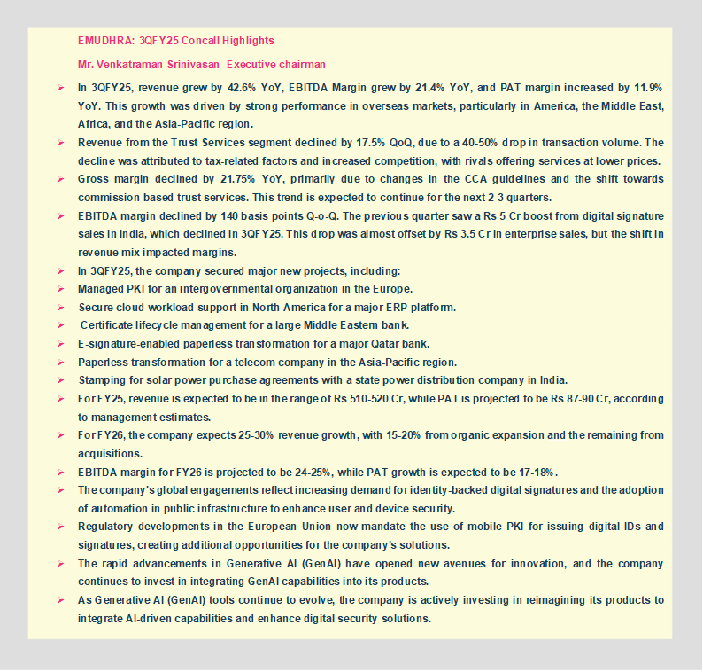 analystmohalla's tweet image. #EMUDHRA: 3QFY25 Concall Highlights
Mr. Venkatraman Srinivasan- Executive chairman