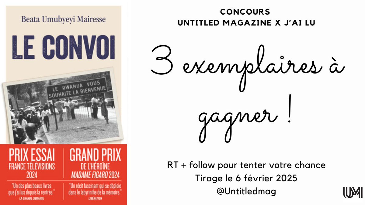 [#Concours] Tentez de remporter 3 exemplaires de "Le convoi" de Beata Umubyeyi Mairesse chez <a href="/Editions_Jailu/">Éditions J’ai lu</a>
#RT+follow <a href="/Untitledmag/">Untitled Magazine</a> &amp; <a href="/Editions_Jailu/">Éditions J’ai lu</a> !  Tirage au sort le 6 février  🍀