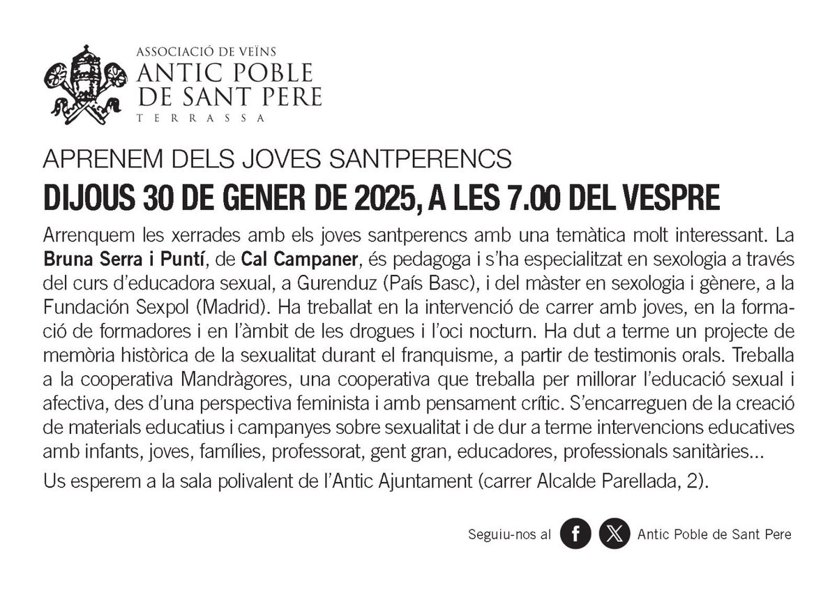 AVpobleSPere's tweet photo. Avui a l’antic ajuntament de Sant Pere a les 19h, la Bruna Serra ens parlarà de sexualitat i educació sexual.  @AVpobleSPere https://t.co/vDbtoz9UD3