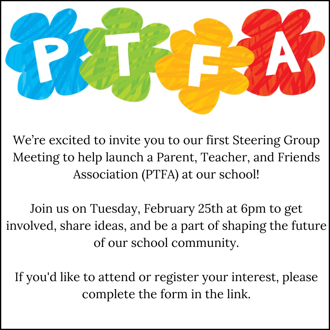 If you'd like to attend or register your interest, please complete this form:

forms.office.com/e/jrSY7nCKgN

Your input and support will make all the difference!
#PTFA #ParentEngagement #SchoolCommunity #GetInvolved