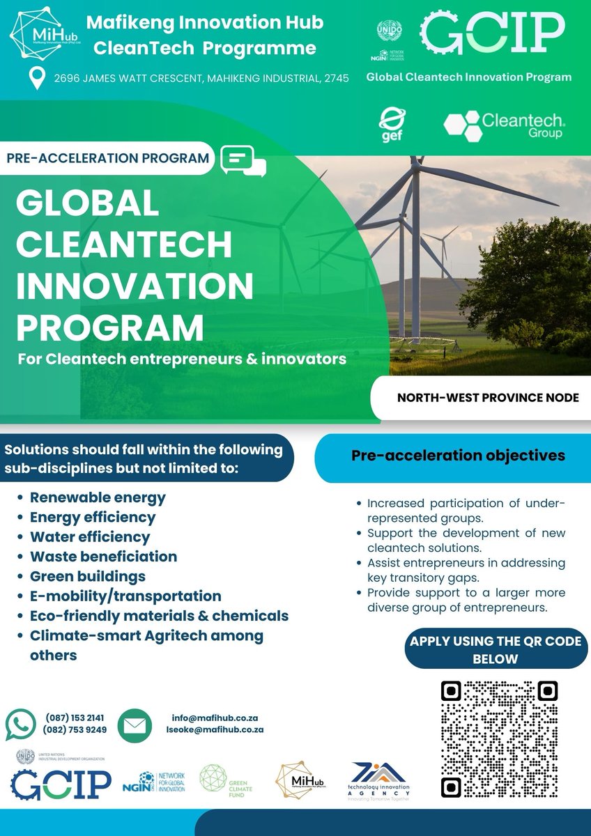 APPLICATION FOR CLEANTECH BUSINESS ACCELARATOR PROGRAMME.
For: North West Province based Startup’s/MSME,s/individuals only 

Number of Applicant to be accepted: 30.  Closing Date:  Feb 25

To Apply fill in the form or scan the barcode
forms.gle/JRb3QTYbTmHZCq…
<a href="/PresidencyZA/">The Presidency 🇿🇦</a>