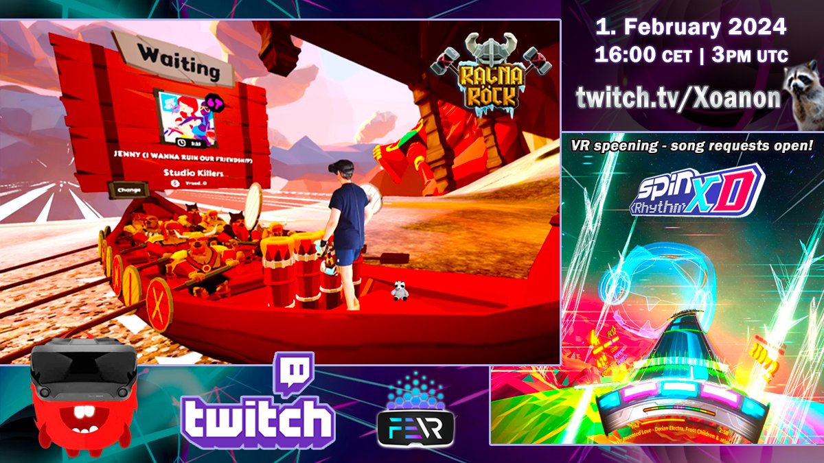 _Xoanon_'s tweet photo. #Stream on #Twitch now:
Drumming in #Ragnarock🤘 to new commissions!
Then speening in #SpinRhythmXD🌀 in #VR!
Song requests open!🎶
➡️https://t.co/djcYKOgiQI🦝
@ragnarock_game @WanadevStudio #SpinRhythm @SpinRhythmGame #VirtualReality @pulsoid_app @LIV #StudioKillers #Jenny #streamer #music #SongRequests #TwitchStreamers #TwitchStreamer