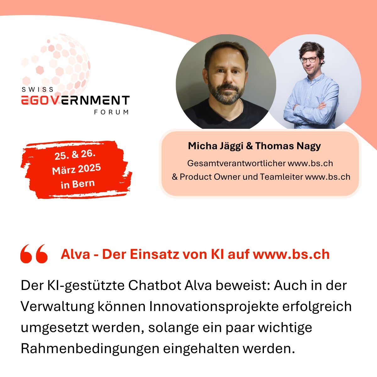 Wir freuen uns, Micha Jäggi und Thomas Nagy als Keynote Referenten am Swiss eGovernment Forum 2025 zu begrüssen. Entdecken Sie das Programm und sichern Sie sich noch heute Ihr Ticket: buff.ly/3MwBwdI 

#swissegovernmentforum #Gemeinde #Behörden #Stadt #Kanton #Bund