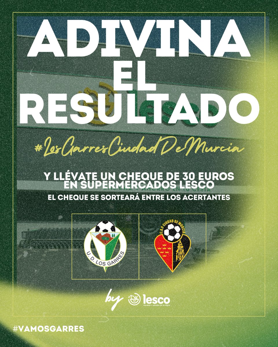 𝑨𝒅𝒊𝒗𝒊𝒏𝒂 𝒆𝒍 𝒓𝒆𝒔𝒖𝒍𝒕𝒂𝒅𝒐 del #LosGarresCiudadDeMurcia y llévate un cheque de 30 euros en <a href="/SuperLesco/">Lesco Supermercados</a> 

¡Recuerda que tienes que seguir ambas cuentas en la plataforma desde la que participes! ⚠️

Bases del sorteo en el post de instagram.

#VamosGarres