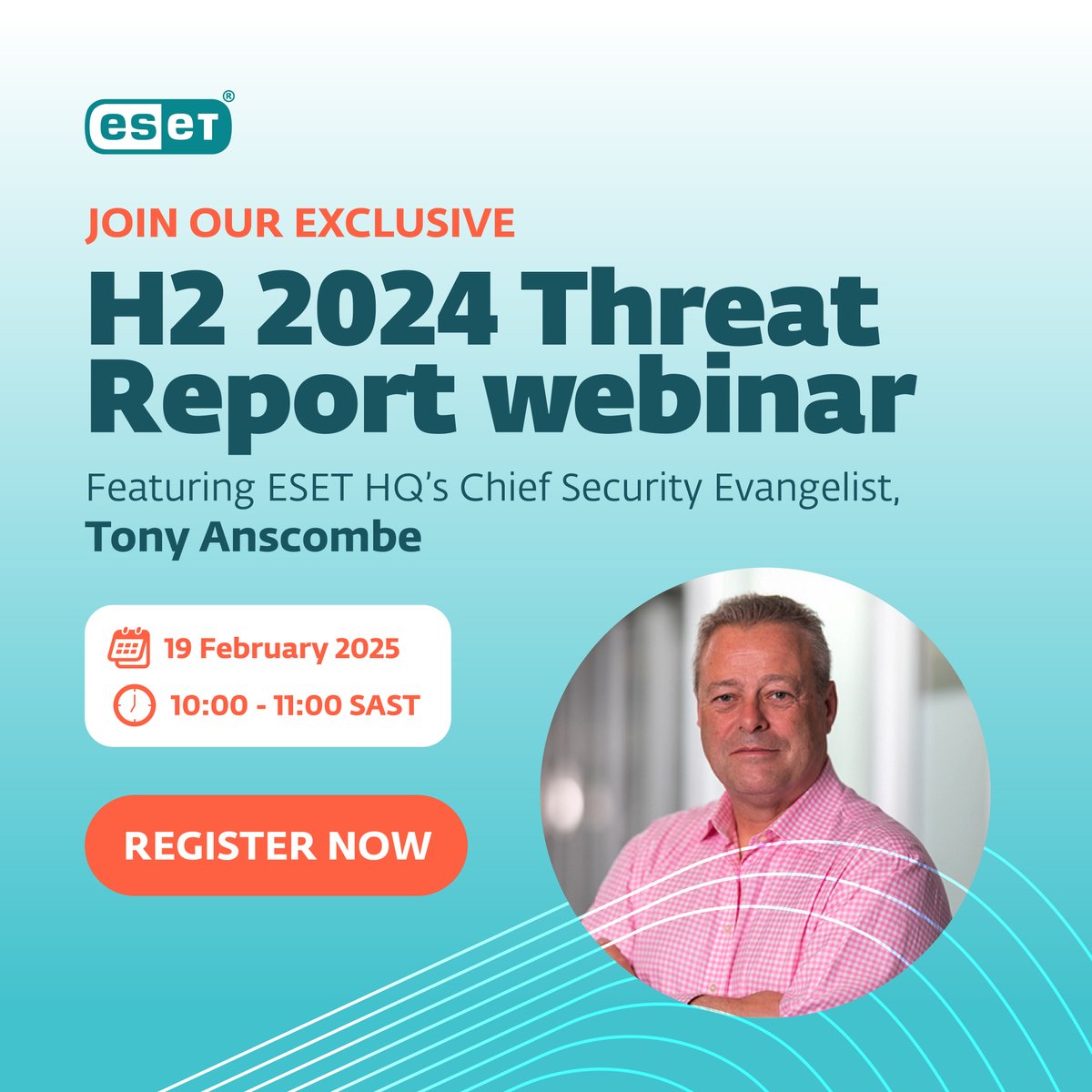 Join ESET's Chief Security Evangelist, Tony Anscombe, for insights on the H2 2024 Threat Report findings for Africa. 

Register for FREE: events.teams.microsoft.com/event/a88ab852… 

#H22024ThreatReport #AI #Cybersecurity #ESET #ProgressProtected