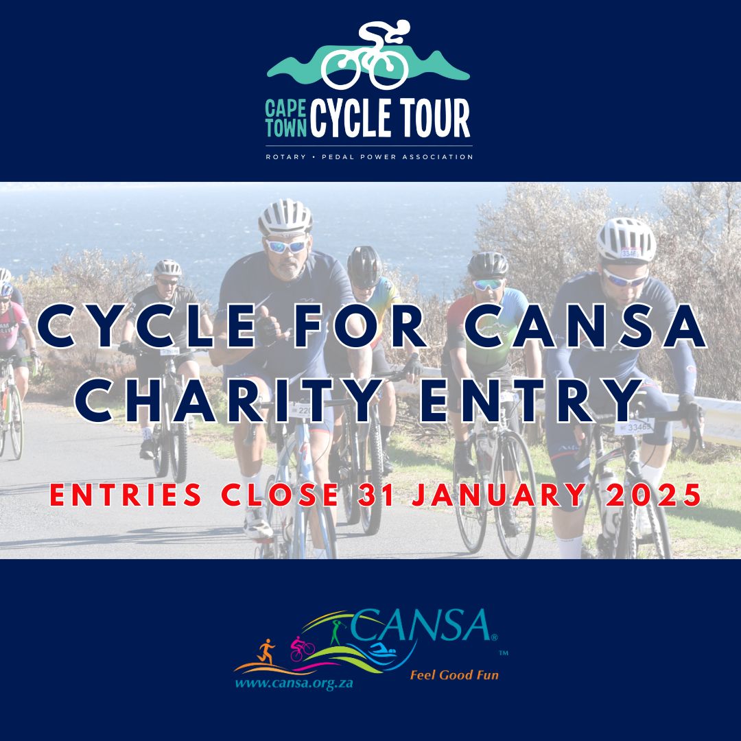 CANSA's tweet photo. Join #CANSAActive in the Cape Town Cycle Tour on Sunday, 9 March 2025!
We still have charity entries available – don’t miss your chance to ride for a great cause.
Entries close 31 January 2025!
✅ Entry: R1 000
🎁 Includes a special CANSA Active 10th Anniversary goodie bag https://t.co/NEEbW4iajx