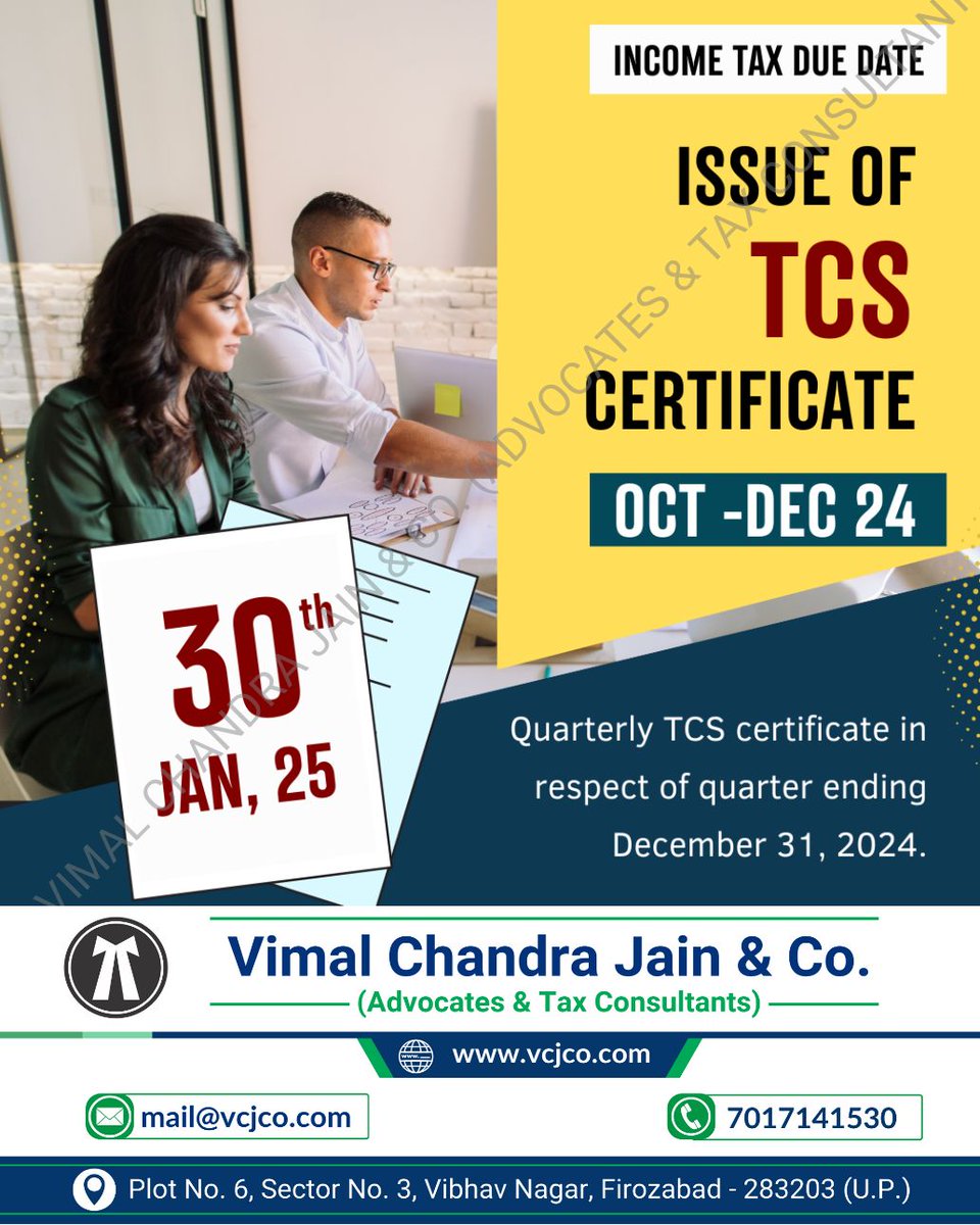 vcj_co's tweet image. Issue of TCS certificate
#TCSCertificate
#TaxCollectionAtSource
#IncomeTaxIndia
#TaxCompliance
#BusinessTax
#TCSFiling
#FinanceAndTax
#vcjco #firozabad #agra #shikohabad #itr #incometaxreturn #refund #gst #gstregistration #tax #taxation #gstin #incometax #law #legal #lawfirm