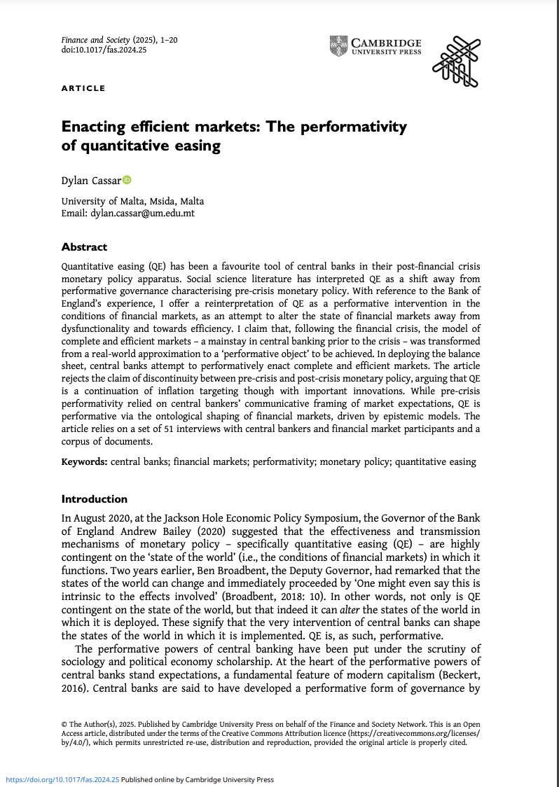 My new paper is out in Finance and Society! I argue that QE is performative via the ontological shaping of financial markets, moulding them away from dysfunctionality and towards efficiency, driven by epistemic models.

Check it out! doi.org/10.1017/fas.20…
