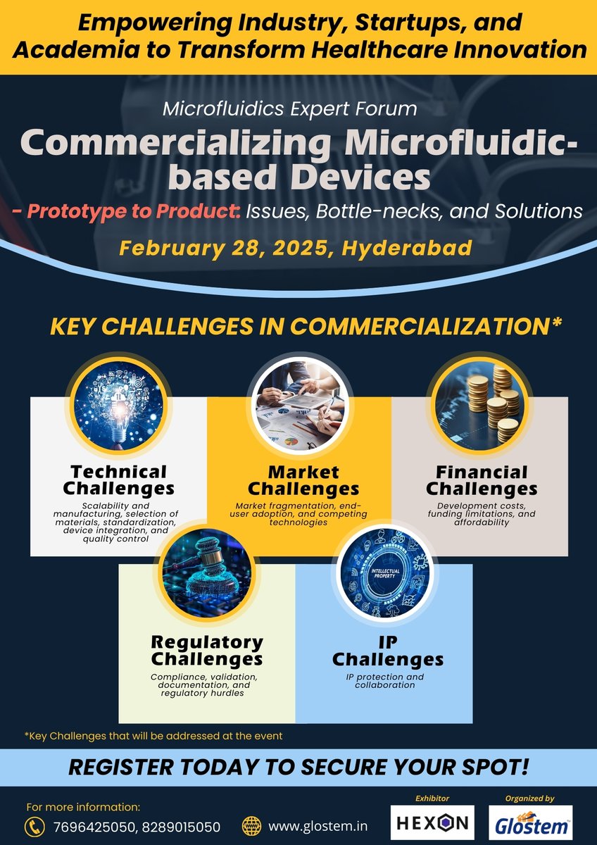 Turn Challenges into Triumphs! 
Join us on Feb 28, 2025, in Hyderabad for a game-changing forum on microfluidics commercialization – tackling market fragmentation, funding, &amp; IP hurdles.
📍 Register now: glostem.in |7696425050 | 8289015050
#Microfluidics #Glostem