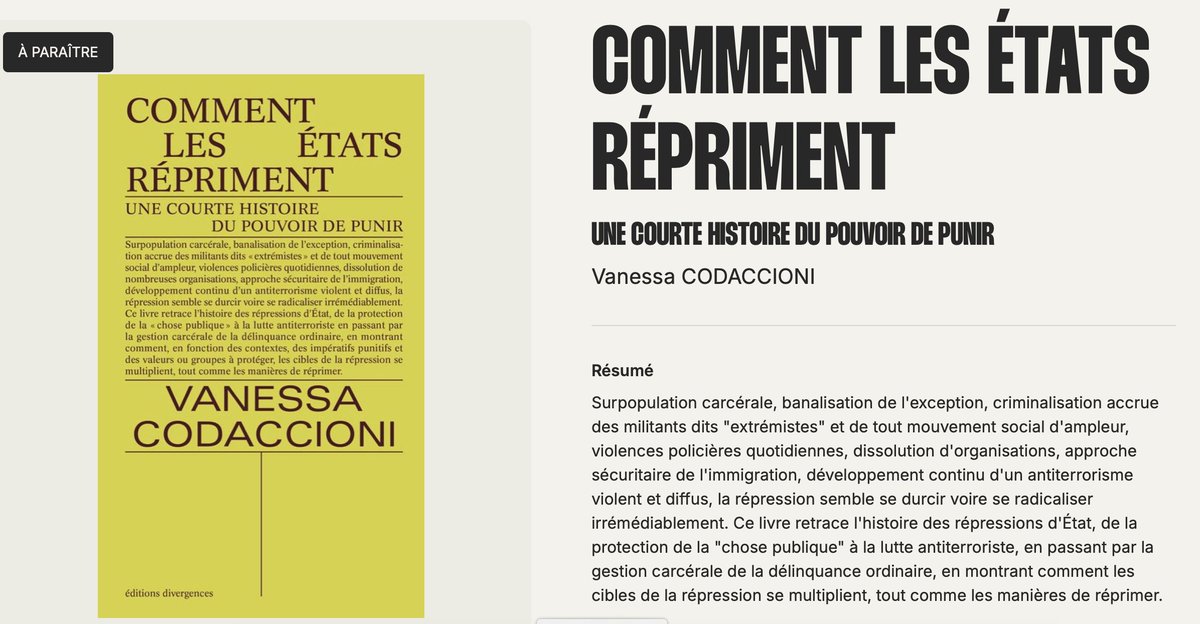 Vanessa Codaccioni (@vcodaccioni) on Twitter photo Hâte! Bilan et mises en perspective de mes travaux sur la répression, les logiques sécuritaires et les dispositifs punitifs!
Parution le 28 mars aux <a href="/EDivergences/">éditions divergences</a> Hâte! Bilan et mises en perspective de mes travaux sur la répression, les logiques sécuritaires et les dispositifs punitifs!
Parution le 28 mars aux <a href="/EDivergences/">éditions divergences</a>