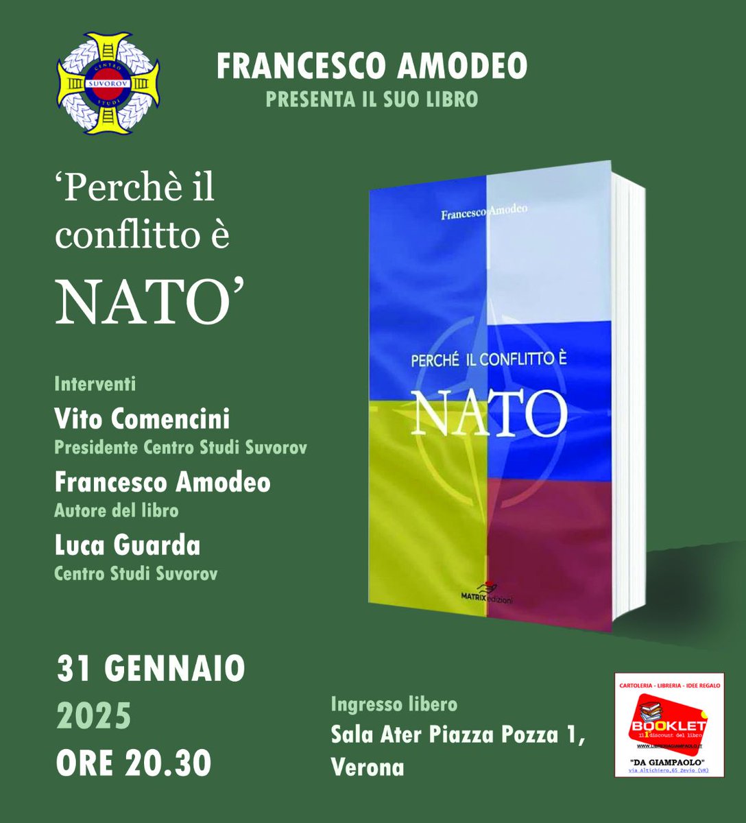 Bellisonus's tweet image. 📚 EVENTO IMPERDIBILE A VERONA 📚

🗓 Domani, 31 gennaio, alle 20:30, presso la Sala Ater (Piazza Pozza 1, Verona), il noto giornalista d'inchiesta Francesco Amodeo presenterà il suo libro:

🔹 "Perché il conflitto è NATO" 🔹

🔄 Condividi e partecipa!

#FrancescoAmodeo