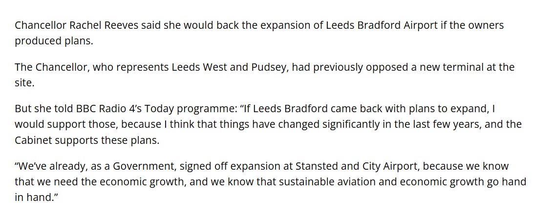RobParsonsNorth's tweet image. Interesting change of position from Chancellor Rachel Reeves today on the prospect of a new terminal for Leeds Bradford Airport (in her neighbouring constituency).

The airport's plans for a new £150m terminal (which she opposed) were dropped in 2022.

Via Press Association