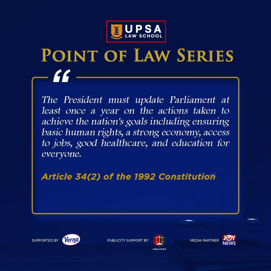 UPSALawSchool's tweet photo. The President must update Parliament at least once a year on actions taken to achieve national goals, including human rights, economic strength, employment, healthcare, and education.
#UPSA #UPSALawSchool #PointofLaw #President #Ghana #Law #PostElections https://t.co/MAS0qtaHBy