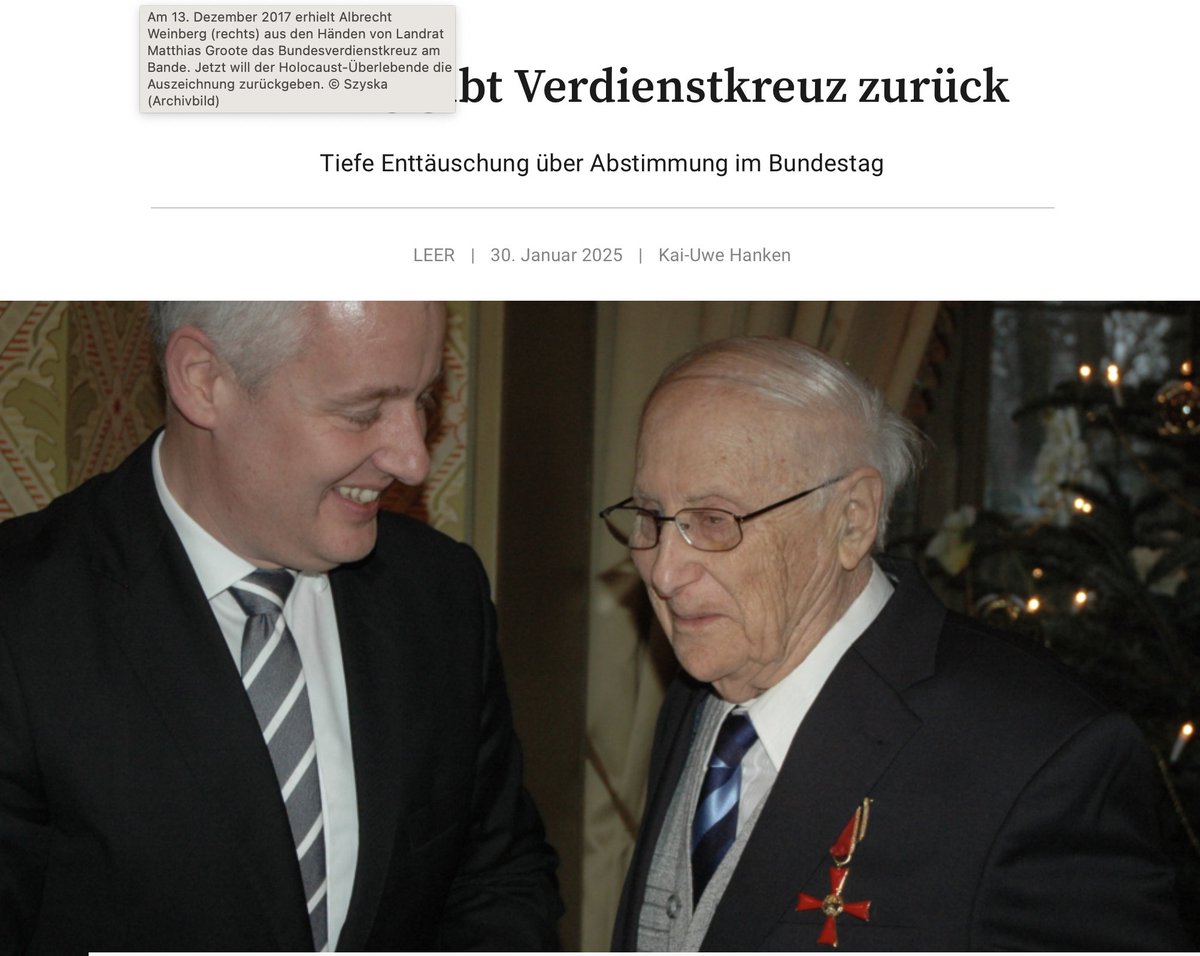 Aus Erschütterung über die gestrige Abstimmung im Bundestag haben der Holocaust Überlebende Albrecht Weinberg und der Fotograf Luigi Toscano, der über 400 Holocaust Überlebende portraitierte, heute angekündigt, dass sie ihre Bundesverdienstkreuze zurückgeben werden. 
Es