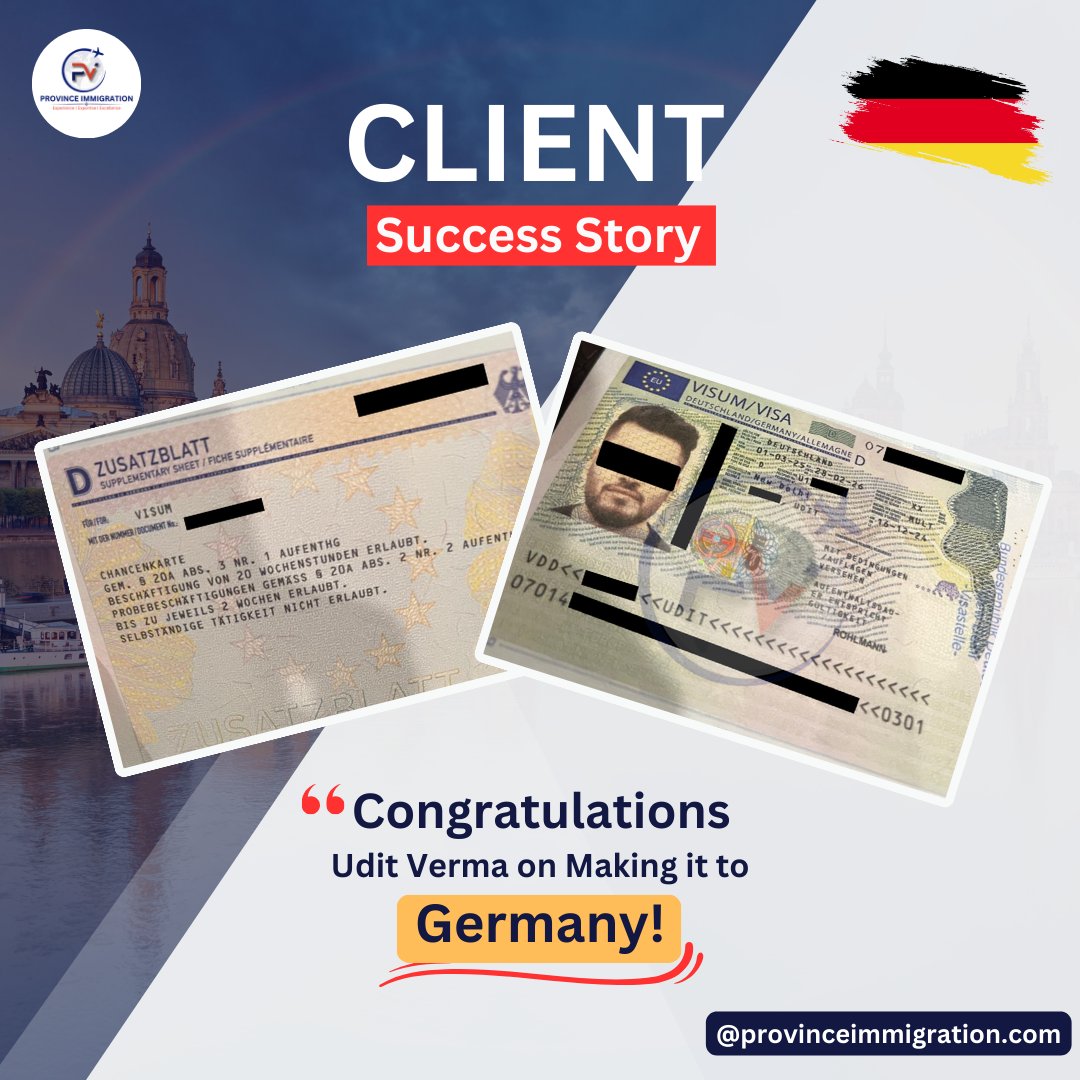province_immigr's tweet image. Big Congratulations to Our client, Mr. Udit Verma, on successfully receiving his Germany Opportunity Card This is just the beginning of an exciting new chapter filled with career growth and endless opportunities in Germany. 

#GermanyOpportunityCard #WorkInGermany #MoveToGermany