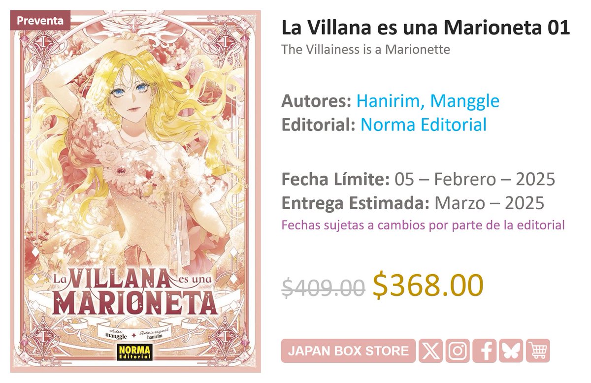 JapanBoxStore's tweet photo. [ Preventa ] La Villana es una Marioneta 01 ✨
👥 #Hanirim / #Manggle
📚 #NormaEditorial

📅 Fecha Límite: 05 - Febrero - 2025
🛒 Tienda en línea: https://t.co/w3FErCEK7C
📦 Envíos a toda la República Mexicana

#Manhwa #Shojo #MangaMéxico https://t.co/pgkJVenkvZ