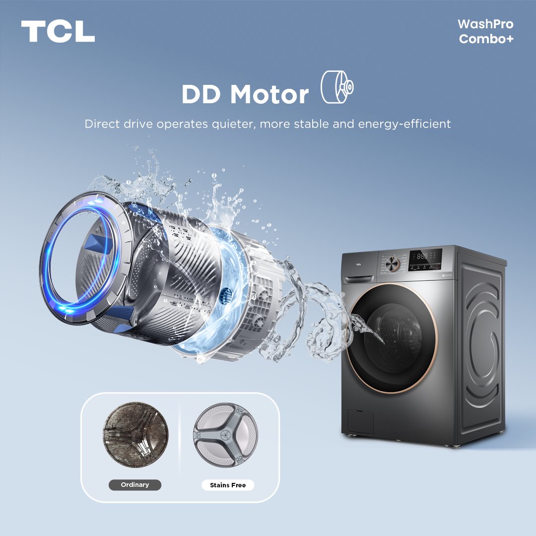 TCLPH's tweet image. No more battling unexpected stains on washed clothes. TCL C20 Washing Machine’s stain-free Direct Drive Motor ensures your laundry stays free from transferred stains because every wash deserves a spotless finish.

#TCLWashPro #TCLComboPlus #TCLInspireGreatness #TCLPhilippines