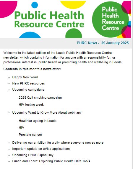 PHRC Leeds (@phrcleeds) on Twitter photo Januarys edition of the PHRC newsletter is out now!! If you're not signed up, you're missing out on upcoming webinars, new resources, current Public Health campaigns and more! Email us at phrc@leeds.gov.uk to receive your copy!
#PublicHealth #LeedsHealth #CommunityHealth Januarys edition of the PHRC newsletter is out now!! If you're not signed up, you're missing out on upcoming webinars, new resources, current Public Health campaigns and more! Email us at phrc@leeds.gov.uk to receive your copy!
#PublicHealth #LeedsHealth #CommunityHealth