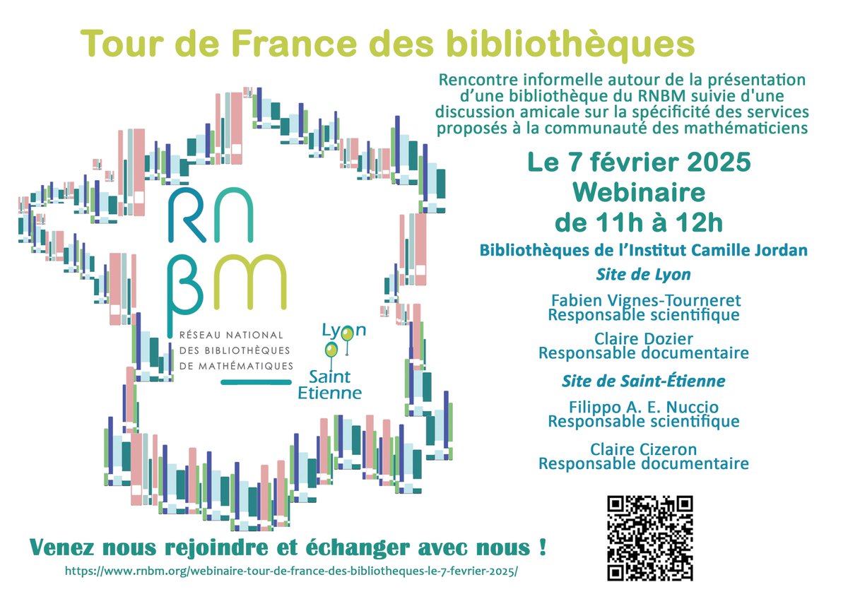 🗓️La prochaine session du #TourDeFranceDesBibliothèques aura lieu le 07/02/2025 de 11h à 12h
🌍Venez découvrir les #bibliothèques de l'Institut Camille Jordan de Lyon et de Saint-Etienne
💻Lien de connexion ici rnbm.org/webinaire-tour…
#BibliothequeDeRecherche