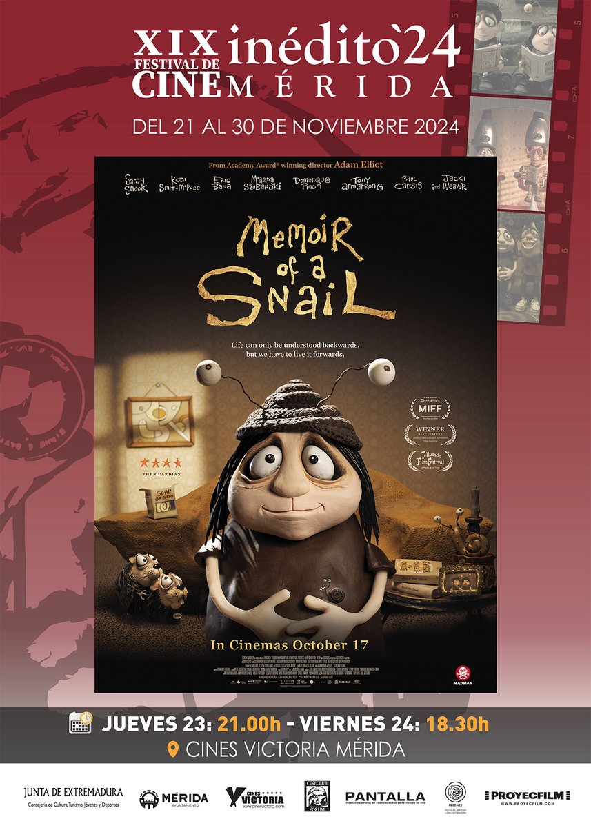 Nunca había pasado esto antes: dos películas de la Sección Oficial de una edición del <a href="/FCIMerida/">FesCineIneditoMerida</a> llegando a la cartelera a la vez: este viernes 31 se estrenan en cines A Different Man de Aaron Schimberg (Premio de la Juventud) y Memorias de un Caracol de Adam Elliot.
Buscadlas 🤗