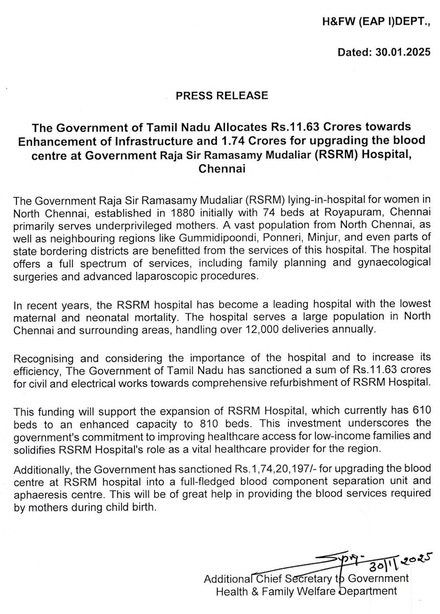 TN Health & Family Welfare Department (@tnhealthdept) on Twitter photo Press Release: The Government of Tamil Nadu Allocates Rs.11.63 Crores towards Enhancement of Infrastructures and 1.74 Crores for upgrading the blood centre at Govt. Raja Sir Ramasamy Mudaliar Hospital, Chennai.
<a href="/CMOTamilnadu/">CMOTamilNadu</a> <a href="/Subramanian_ma/">Subramanian.Ma</a> <a href="/supriyasahuias/">Supriya Sahu IAS</a> <a href="/TNDPHPM/">Directorate of Public Health & Preventive Medicine</a> <a href="/NHM_TN/">National Health Mission - Tamil Nadu</a> Press Release: The Government of Tamil Nadu Allocates Rs.11.63 Crores towards Enhancement of Infrastructures and 1.74 Crores for upgrading the blood centre at Govt. Raja Sir Ramasamy Mudaliar Hospital, Chennai.
<a href="/CMOTamilnadu/">CMOTamilNadu</a> <a href="/Subramanian_ma/">Subramanian.Ma</a> <a href="/supriyasahuias/">Supriya Sahu IAS</a> <a href="/TNDPHPM/">Directorate of Public Health & Preventive Medicine</a> <a href="/NHM_TN/">National Health Mission - Tamil Nadu</a>
