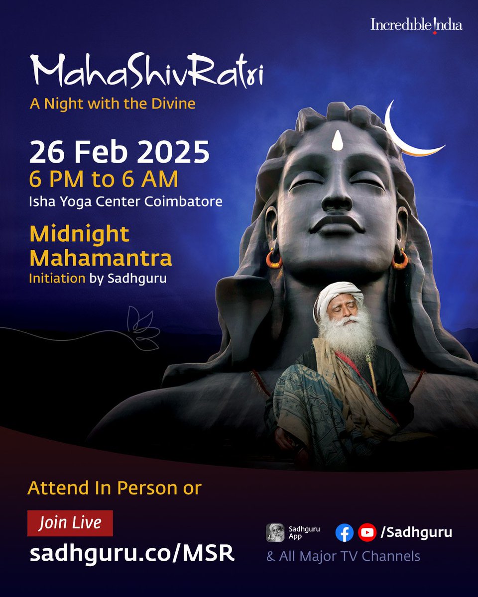 ishafoundation's tweet photo. This #Mahashivratri (26 Feb), unlock the power of Mahamantra Aum Namah Shivaya through a special midnight initiation by @SadhguruJV, offered for the very first time! 

Join us for this historic night of great possibilities: https://t.co/0ALwJxULgP https://t.co/gXpwIAzUPw