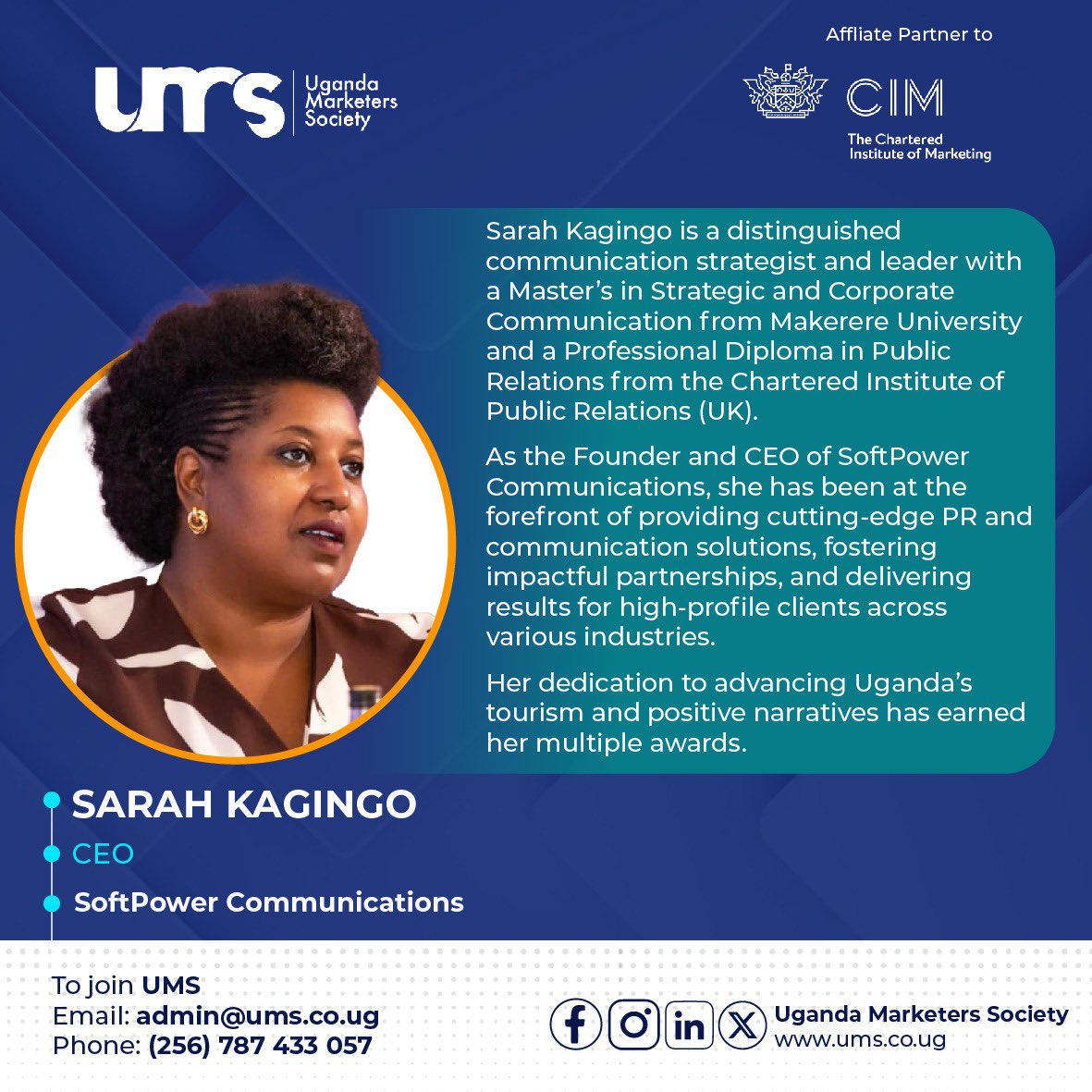 Uganda Marketers Society (@ums_marketer) on Twitter photo โญ #UMSmember <a href="/SarahKagingo/">Sarah Kagingo</a>
Sarah Kagingo, our valued member, is a distinguished communication strategist and leader with a Masterโs in Strategic and Corporate Communication from Makerere University and a Professional Diploma in Public Relations from the Chartered Institute of โญ #UMSmember <a href="/SarahKagingo/">Sarah Kagingo</a>
Sarah Kagingo, our valued member, is a distinguished communication strategist and leader with a Masterโs in Strategic and Corporate Communication from Makerere University and a Professional Diploma in Public Relations from the Chartered Institute of