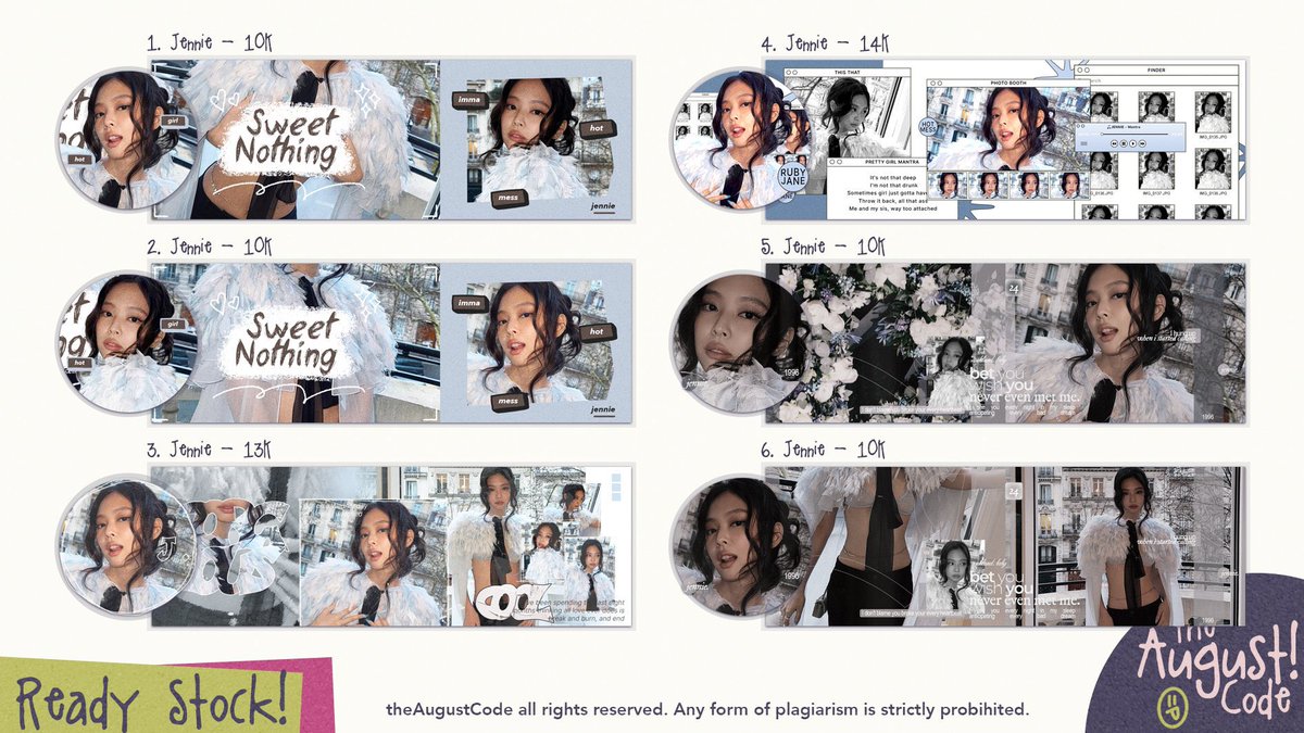 theAugustCode's tweet image. Help respost? Thx!

HAI HAI! aku kembali lagi bawa layout ready stock SPECIAL JENNIE. Bisa langsung diangkut sekarang juga by DM yaa. 👀

💸 10k - 14k
📝text replacement ✅

#zonauang #zonajajan