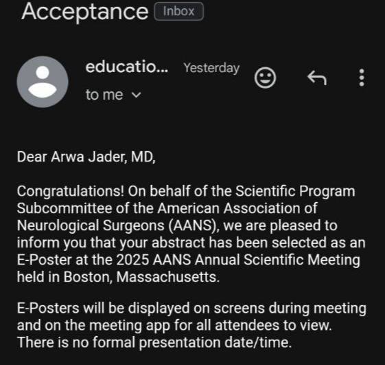 Thrilled to share that two of my abstracts have been accepted for presentation! Honored to contribute to the field and excited for the chance to connect with colleagues and experts. Grateful for this opportunity! #Neurosurgery #Research