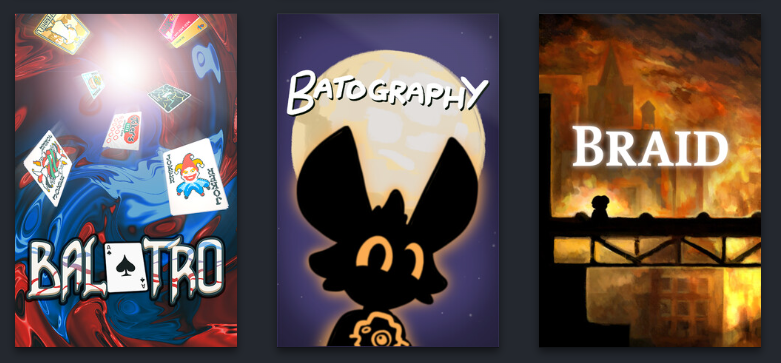 TankSpork's tweet image. #Batography sitting nicely between two all time classic #indiegames, @BalatroGame &amp;amp; #Braid in my @Steam library 🤩🤩🤩