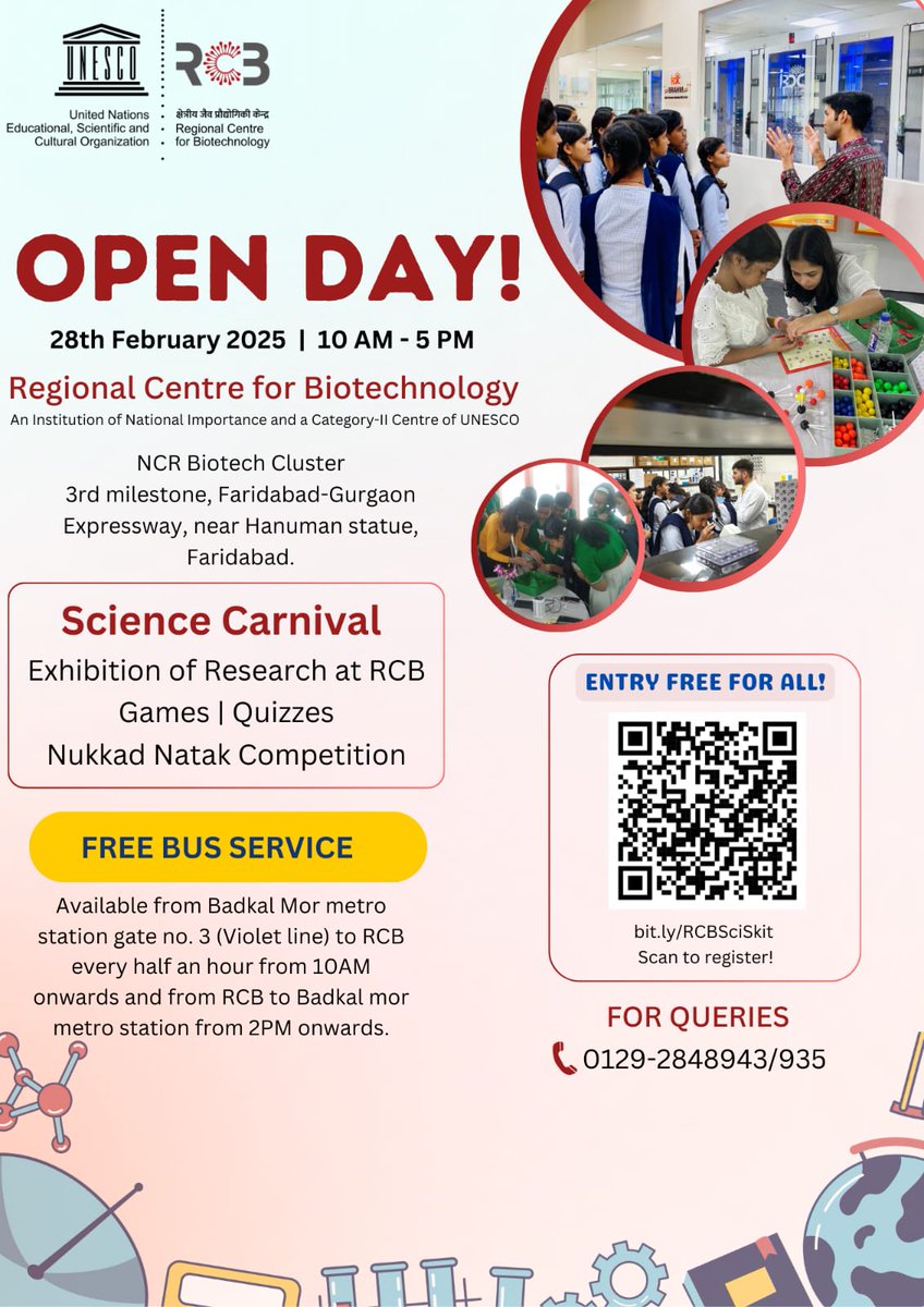 ✨#RCBOpenDay2025 ✨ 
Visit us on this National Science Day to get immersed in the exciting research of RCB!
Register your school/college here - bit.ly/RCBOpenDay
Visit but.ly/RCBSciSkit to know more about nukkad natak competition.
#NationalScienceDay #RCBResearch