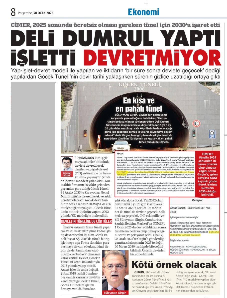 Erdoğan SÜZER on X: "📍Müteahhit firmanın 20 yıldır gelenden geçenden para aldığı Göcek Tüneli, 31 Aralık 2025'te Karayolları Genel Müdürlüğü'ne devredilecek ve artık ücretsiz olacaktı. 📍Ancak devir tarihinin sessiz sedasız 20 Mayıs