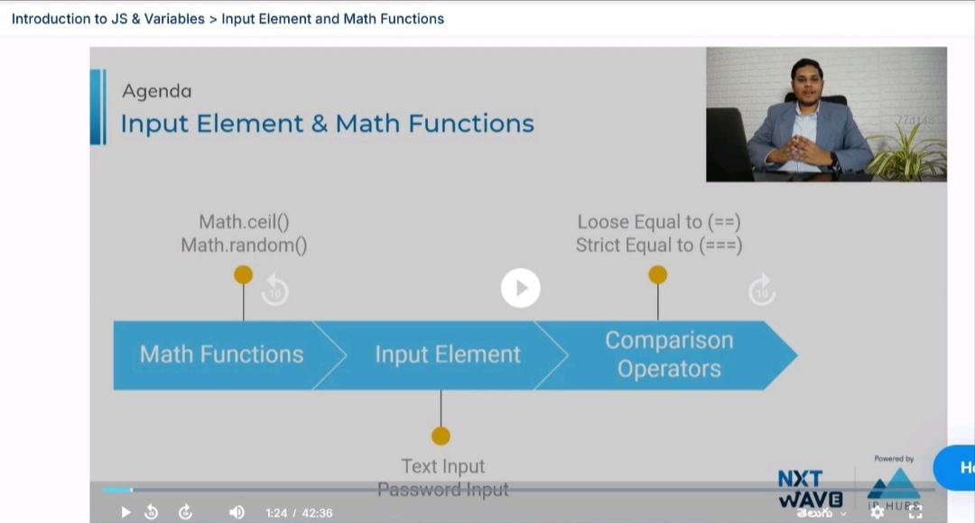 saiganesh5158's tweet photo. Hello Everyone 😀 !!

🚀 Today I learned about the Input Elements, Math functions and loose and strict equal to in JavaScript. 

@nxtwave_tech @sashankreddy07

#coding #nxtwave #html5 #css3 #javascript #ccbpacademy #ccbpian #dynamicwebapplications #frontend https://t.co/FT2HRzXCc9