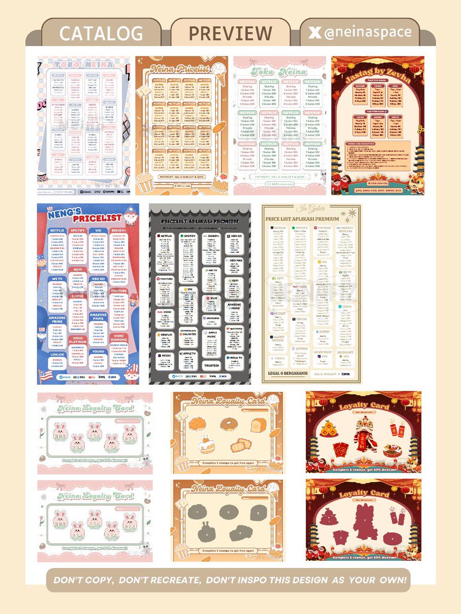 neinaspace's tweet image. a repost will be appreciated.

halo! neng open edit pl, qr deco, dan loyalty card sudah free recolor, bisa resize dan dapet link canva. tersedia bundle untuk harga yang lebih murah! ✨

cek katalog lengkapnya di pinned. #zonauang
