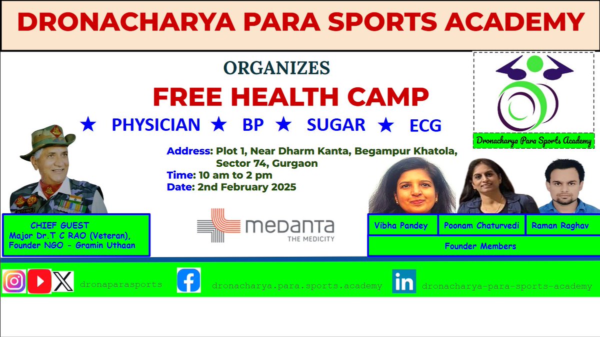 dronaparasports's tweet photo. All are cordially invited 🙏

@DrTCRaoKosaliya @vibhapandey @poonamchaturv @RamanRaag @dpsagurugram @medanta @Media_SAI @ParalympicIndia https://t.co/vv9QiBqseK