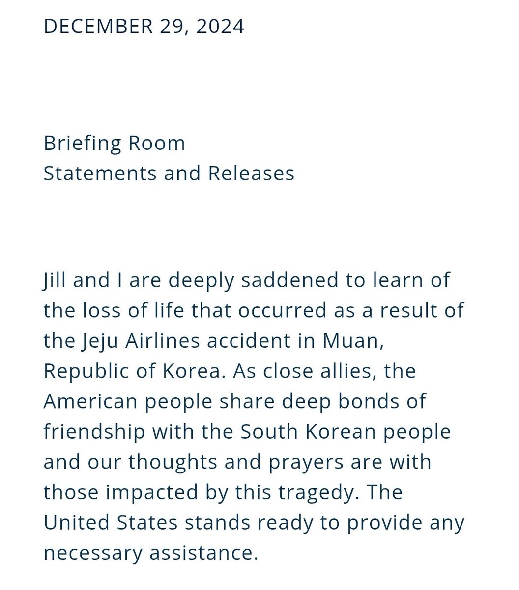 Bros4Joe's tweet photo. That time President Biden issued a comforting statement about a plane crash in South Korea and didn't blame the pilot. https://t.co/mJAIPWqmqw