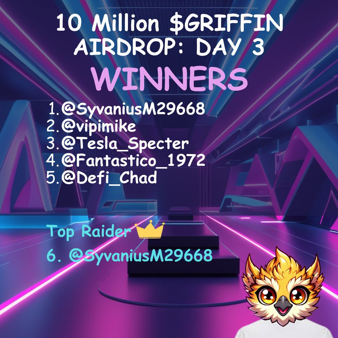 ItsGriffinMeme's tweet photo. ‼️Day 3 WINNERS of our AIRDROP Giveaway‼️

🌕CONGRATS WINNERS🌕
@SyvaniusM29668 
@vipimike 
@tesla_specter 
@Fantastico_1972 
@Tonex27686607 

🔵Join our Telegram for even BIGGER Giveaways🔵👉https://t.co/50T1wnaC35 https://t.co/G0gTtS3Ogb