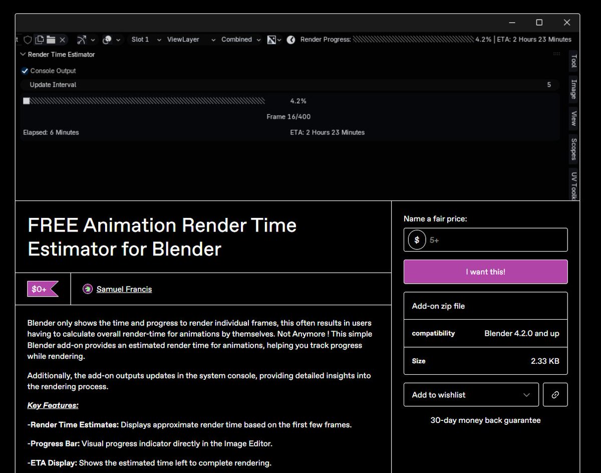 Un1cornHuntrSam's tweet image. I have released a FREE blender add-on. This is a simple but powerful tool that will show you the approximate time It'll take to render an animation ! #b3d #blender