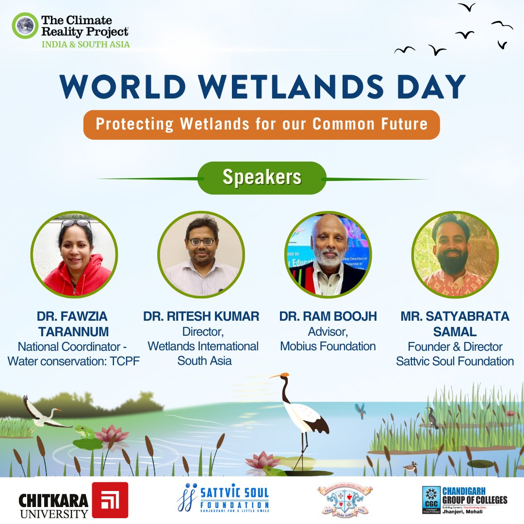 🌍Meet our esteemed speakers for the World Wetlands Day celebration! 

Join us on 3rd Feb at 3 PM (IST) via Zoom to explore the vital role of wetlands in a sustainable future.

Register now: climatereality.zoom.us/meeting/regist…

<a href="/ChitkaraU/">CHITKARA UNIVERSITY</a> @cgcjhanjeri @SattvikSoulFoundation 

#ClimateAction