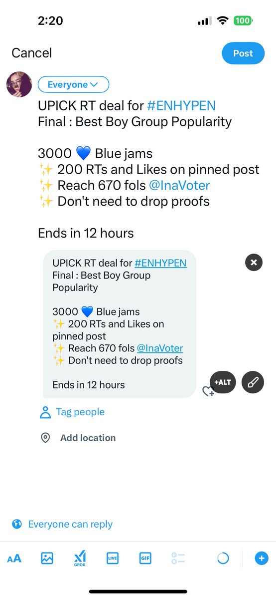gideonsjy's tweet photo. UPICK RT deal for #ENHYPEN
Final : Best Boy Group Popularity 

3000 💙 Blue jams
✨ 200 RTs and Likes on pinned post
✨ Reach 670 fols @InaVoter
✨ Don't need to drop proofs

Ends in 12 hours

#ENVOOSTERS #ENFuelUp 

@ENCREASEVT @ENHYPEMAIN @ENHYPENVT @ENHYPENVTID @ENHYPENVTPHL https://t.co/F5lUNlgHrm