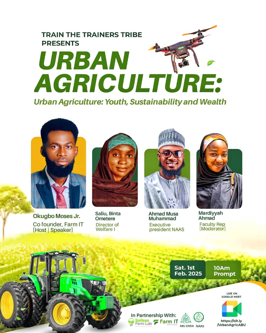 Agriculture Is the Culture! 

Join us for an incredible one-day webinar, proudly presented by Soilless Farm in collaboration with NAAS. Led by the inspiring Ahmad Mardiya.
Date: 1st February, 2025
Venue: Google Meet! Register through this link 
bit.ly/UrbanABU