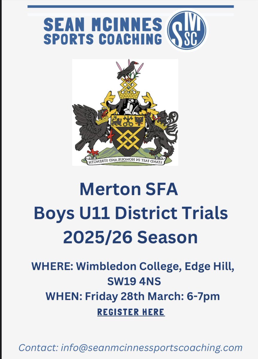 ‼️SAVE THE DATE‼️

Merton District U11 Trials 25/26 season

Girls 
🗓️Thursday 27th March
⏰6pm-7pm 
📍Wimbledon College SW19 4NS 

Boys 
🗓️Friday 28th March 
⏰6pm-7pm
📍Wimbledon College SW19 4NS 

To register please email in 
Info@seanmcinnessportscoaching.com

<a href="/SeanMcInnesSC1/">Sean McInnes Sports Coaching</a>