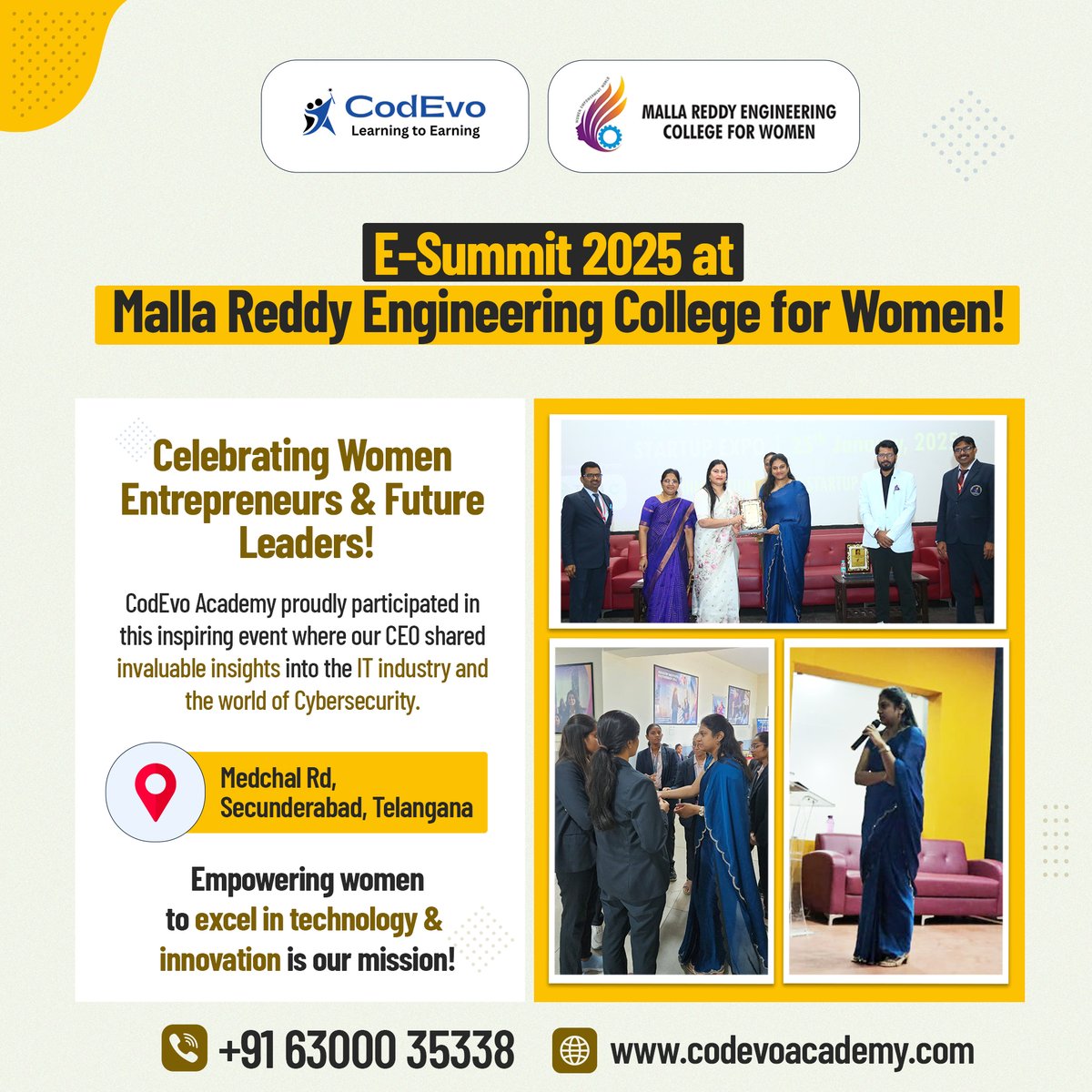 codevoacademy's tweet image. Empowering Women in Cybersecurity! 🚀
CodEvo Academy shone at E-Summit 2025, inspiring future women leaders in IT & Cybersecurity.
📞 Call Us: +91 63000 35338 or visit codevoacademy.com today!
#Cybersecurity #WomenInTech #Hyderabad #TechCareers