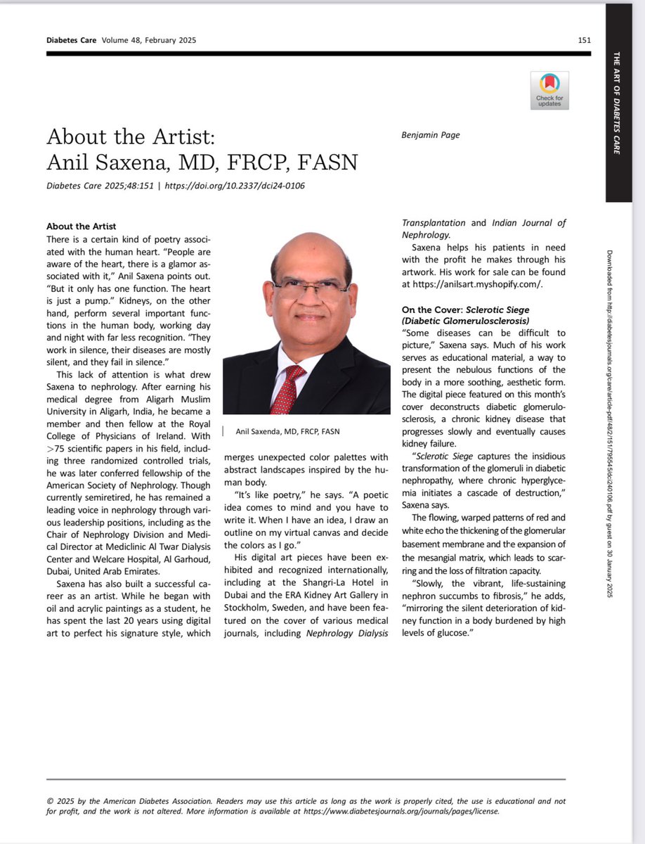 Dr. Anil Saxena MD, FRCP, FASN (@satya_jayate) on Twitter photo Dear Colleagues and Friends- I am happy to share my artwork that has found its place as - The Cover Page of American Diabetic Association ( ADA) Journal - Diabetes Care (February 2025 Issue) with 
My Interview- About the Artist. - Anil
©️AnilzArt Dear Colleagues and Friends- I am happy to share my artwork that has found its place as - The Cover Page of American Diabetic Association ( ADA) Journal - Diabetes Care (February 2025 Issue) with 
My Interview- About the Artist. - Anil
©️AnilzArt